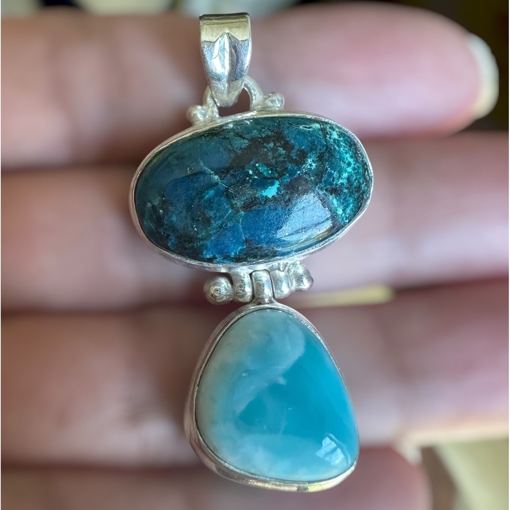 Artisan Accent Pendant 1.7 Inch Chrysocolla Larimar Double Cab 925 Sterling 9.9g